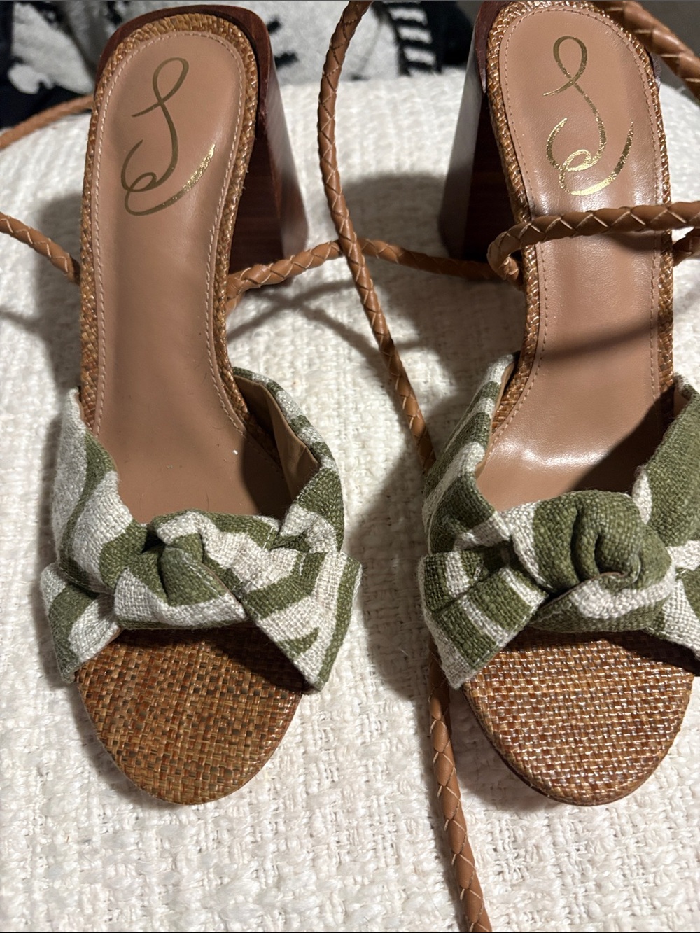 Jessica Simpson Olive Green and Tan Knotted Strappy Heels